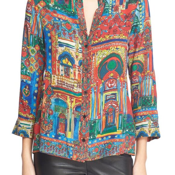 Alice + Olivia Cal Button-down Silk Shirt In Havana Town Size XS - Picture 7 of 9